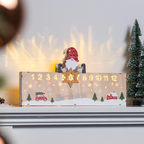 LED Dřevěný adventní kalendář se skřítkem