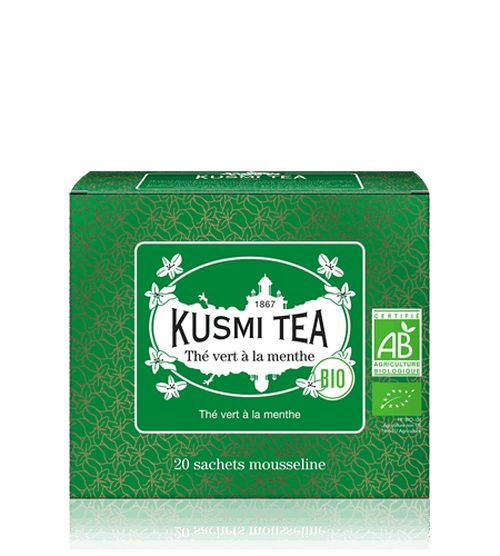 Porcovaný bio organický zelený čaj Kusmi Tea Spearmint green tea, 20 sáčků (40 g)