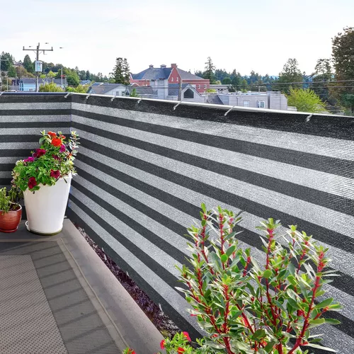 Zástěna na balkon, bílo-šedá, pruhovaná