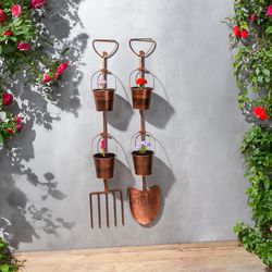 Nástěnné dekorativní zahradní nářadí Rýč a vidle s květináči