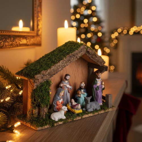 Dřevěný Betlém s 8 figurkami