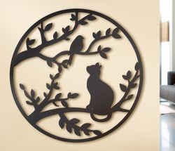 Kovová dekorace kočka a ptáček