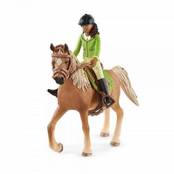 Schleich 42542 Černovláska Sarah s pohyblivými klouby na koni Mystery