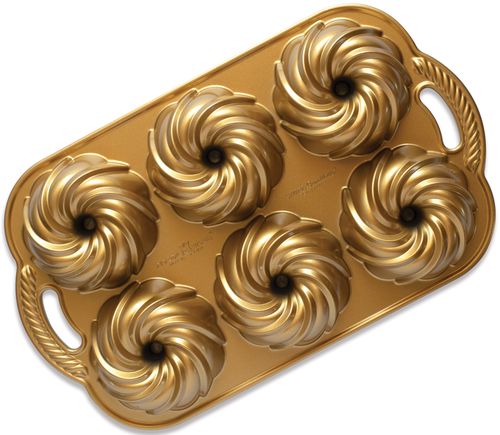 Forma na 6 minibábovek Nordic Ware Swirl, zlatá, 710 ml