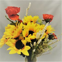 Umělá kytice z lučního kvítí, slunečnice a mák, 33 x 84 x 18 cm