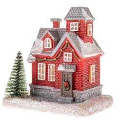 Vánoční dekorace Červený domek s LED světlem, 8 x 11,5 cm
